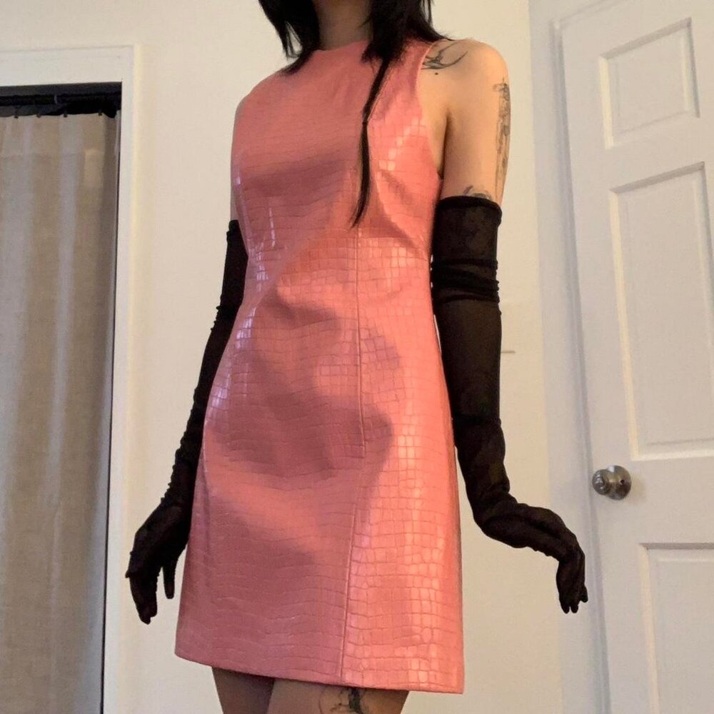 alice + olivia pink croc embossed faux leather mini dress